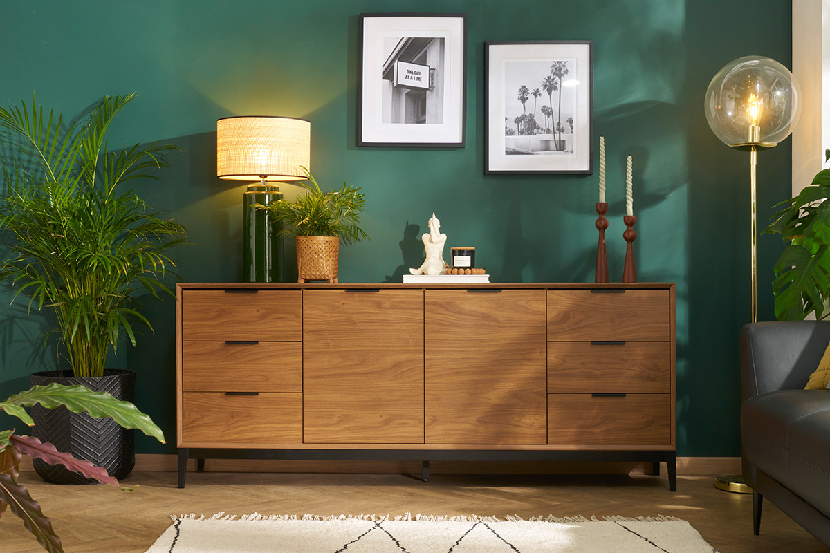 Aparador vintage con acabado de madera de nogal oscuro y metal negro con almacenaje 180 cm SARTO