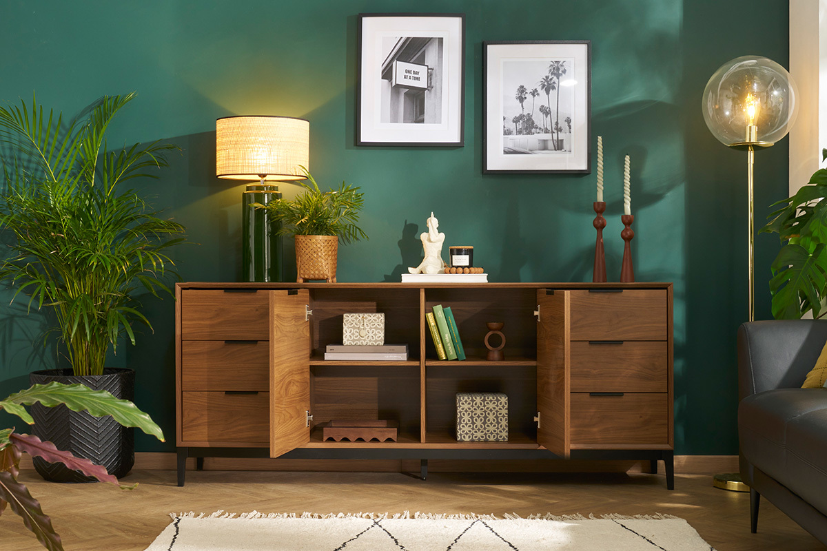 Aparador vintage con acabado de madera de nogal oscuro y metal negro con almacenaje 180 cm SARTO