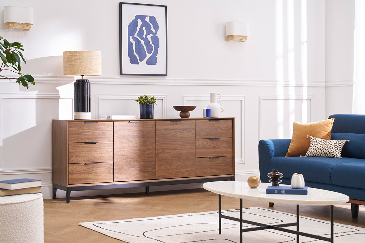 Aparador vintage con acabado de madera de nogal oscuro y metal negro con almacenaje 180 cm SARTO