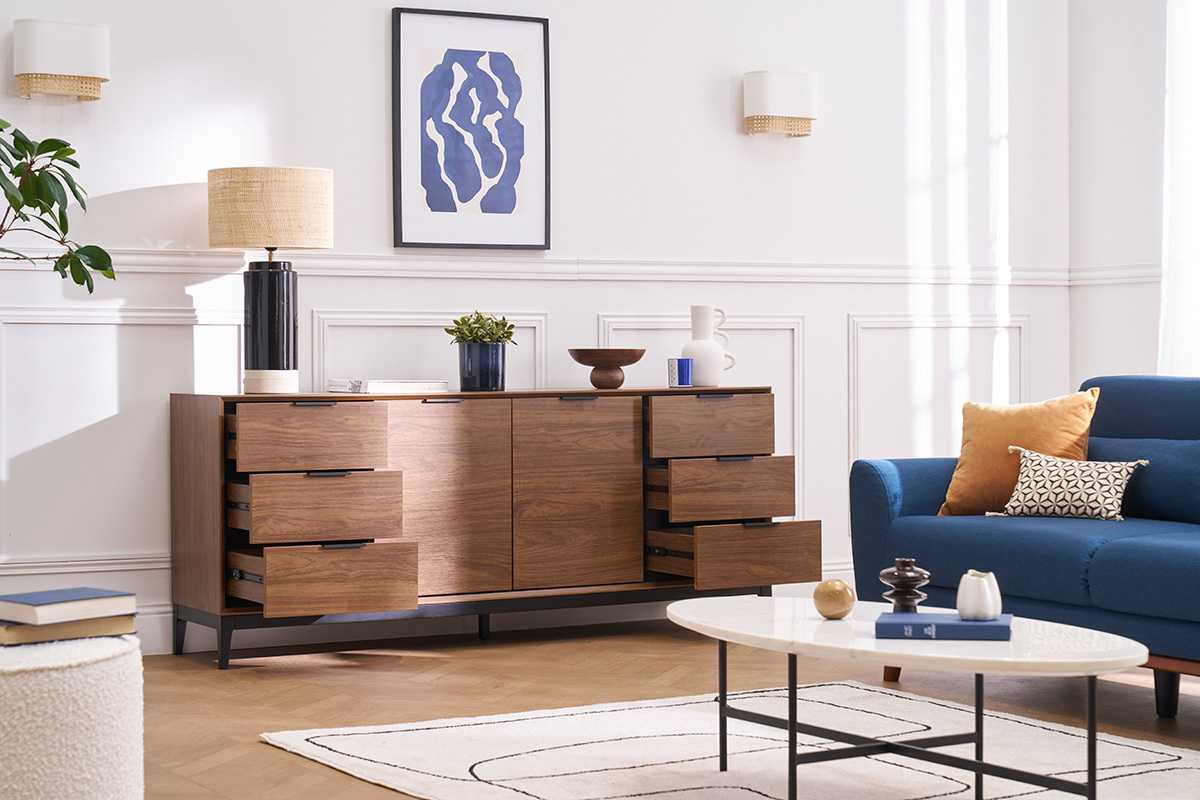 Aparador vintage con acabado de madera de nogal oscuro y metal negro con almacenaje 180 cm SARTO