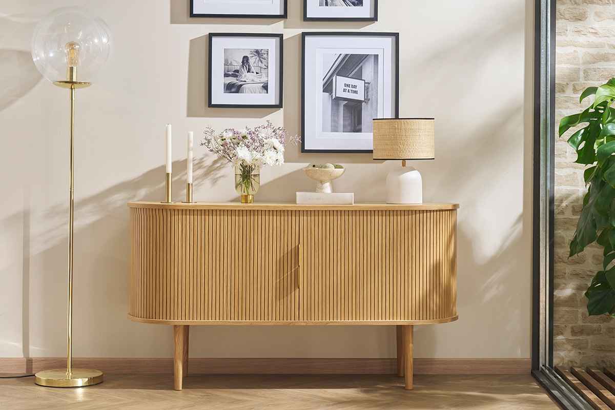Aparador vintage de madera clara de roble con 2 puertas correderas 138 cm EPIC