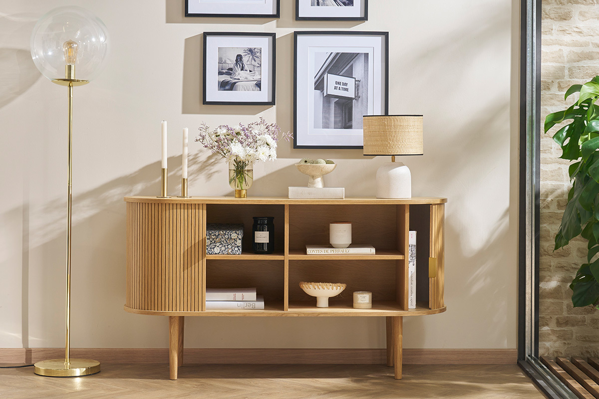 Aparador vintage de madera clara de roble con 2 puertas correderas 138 cm EPIC