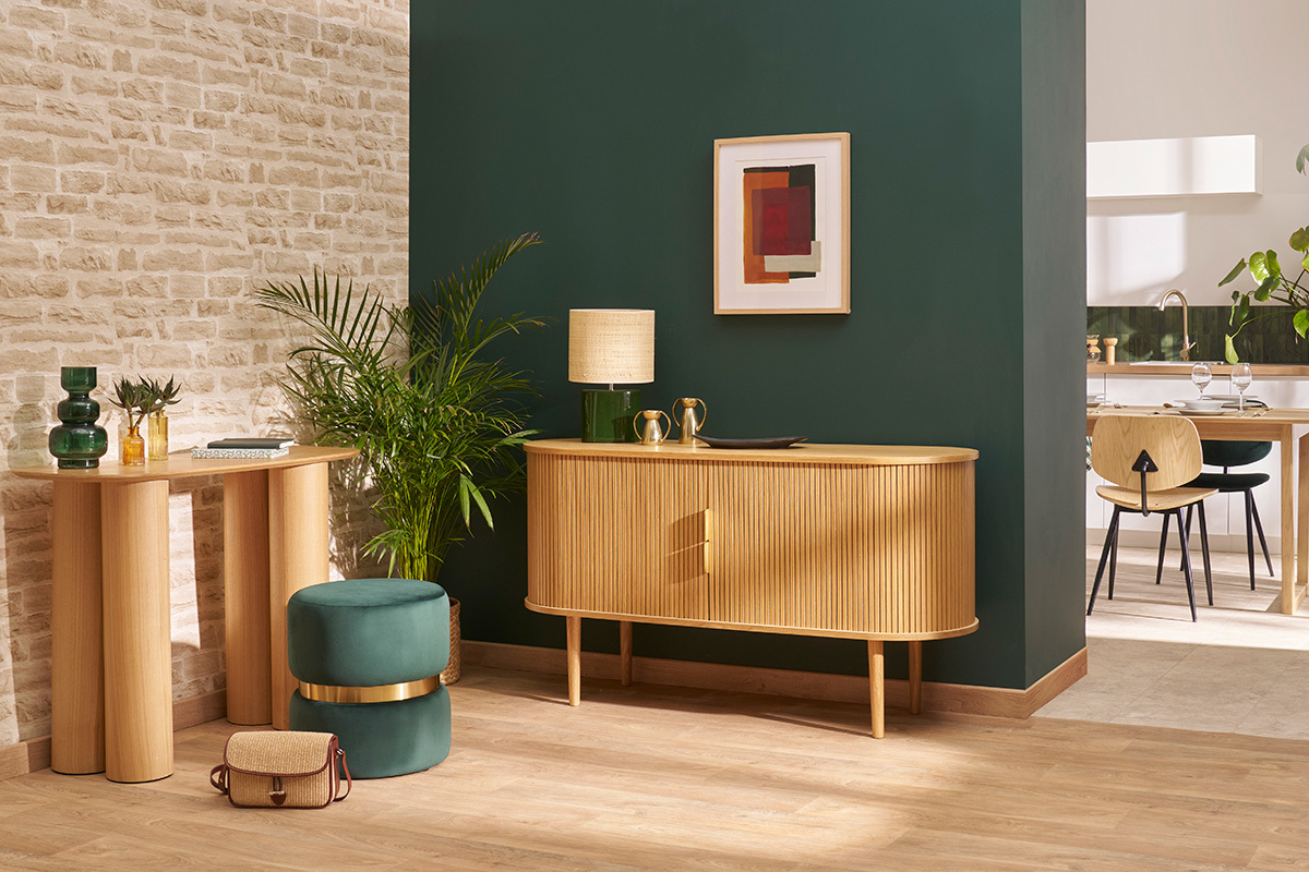 Aparador vintage de madera clara de roble con 2 puertas correderas 138 cm EPIC
