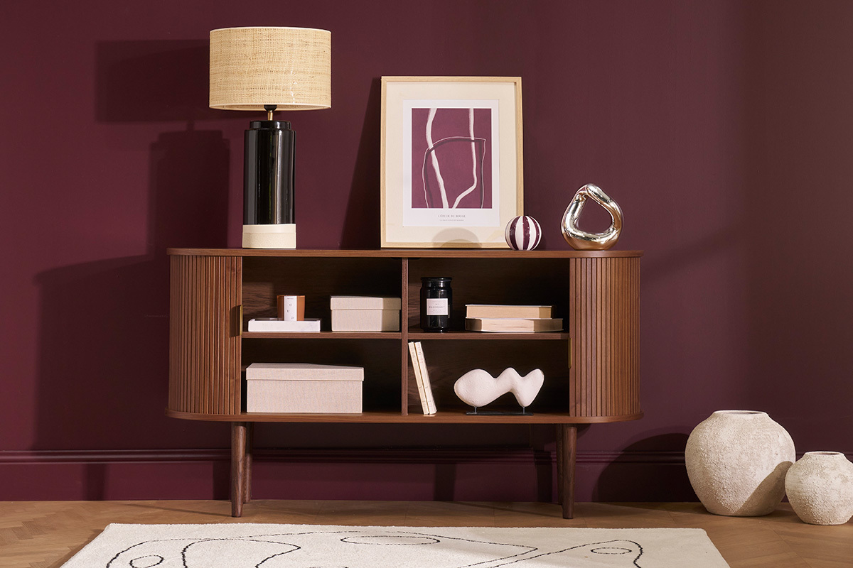 Aparador vintage de madera oscura de nogal con 2 puertas correderas 138 cm EPIC