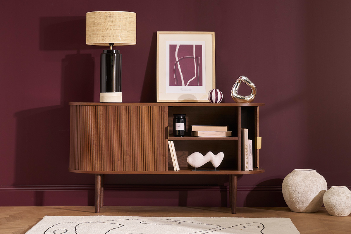 Aparador vintage de madera oscura de nogal con 2 puertas correderas 138 cm EPIC