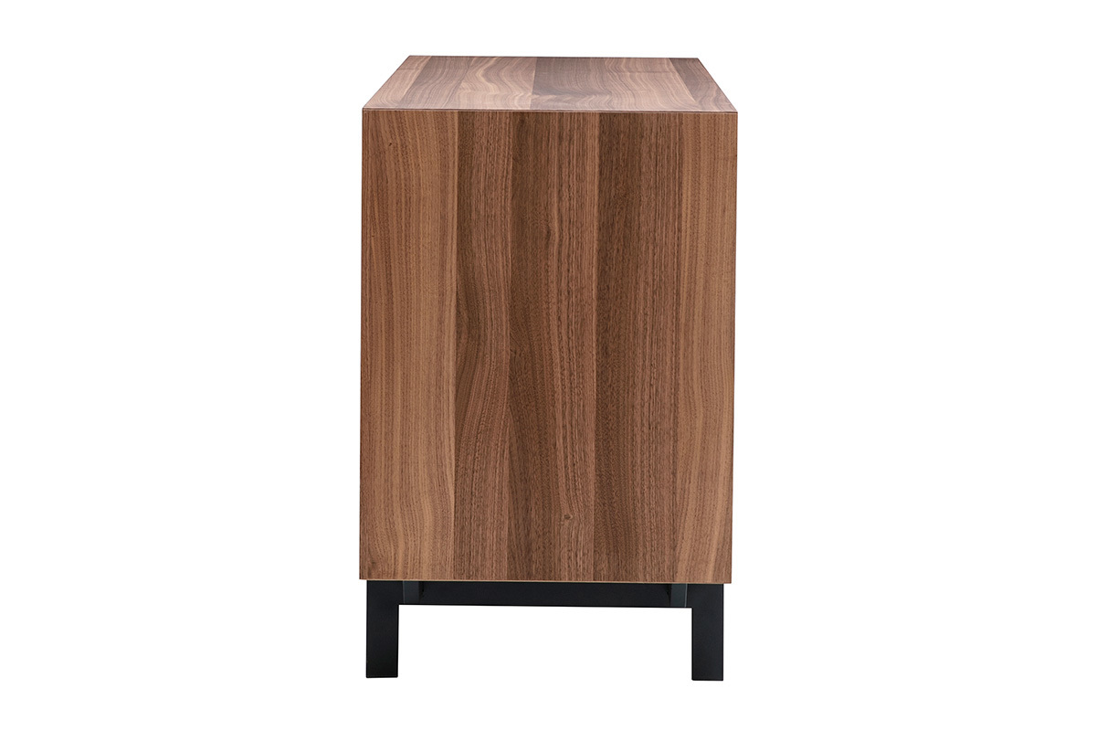 Aparador vintage de madera oscura nogal, vista lateral, con base met�lica negra.