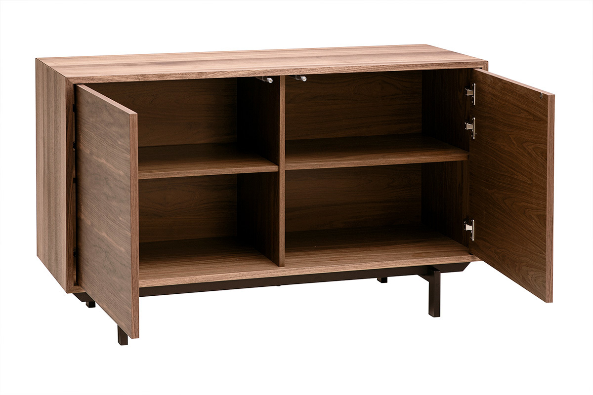 Aparador vintage de madera oscura nogal de 2 puertas abierto con estantes internos, vista en 3/4