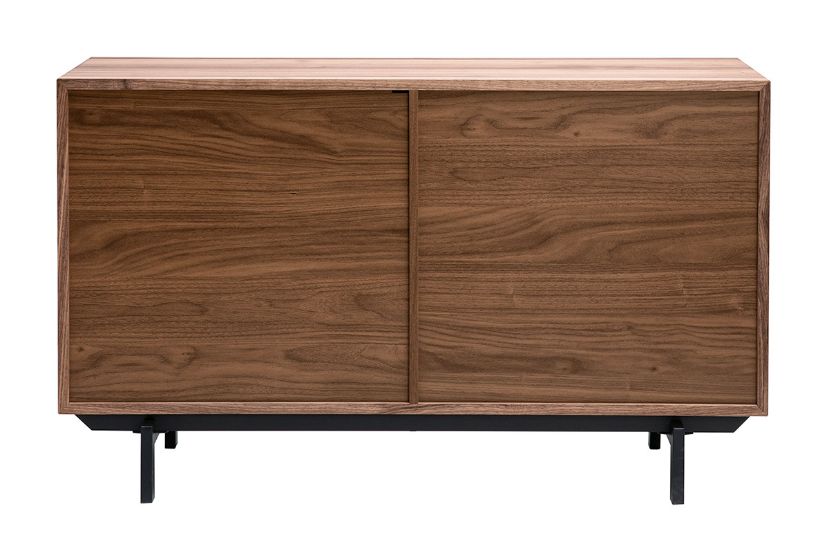 Aparador vintage de madera de nogal oscuro con 2 puertas, vista trasera, L120 cm, base met�lica negra.