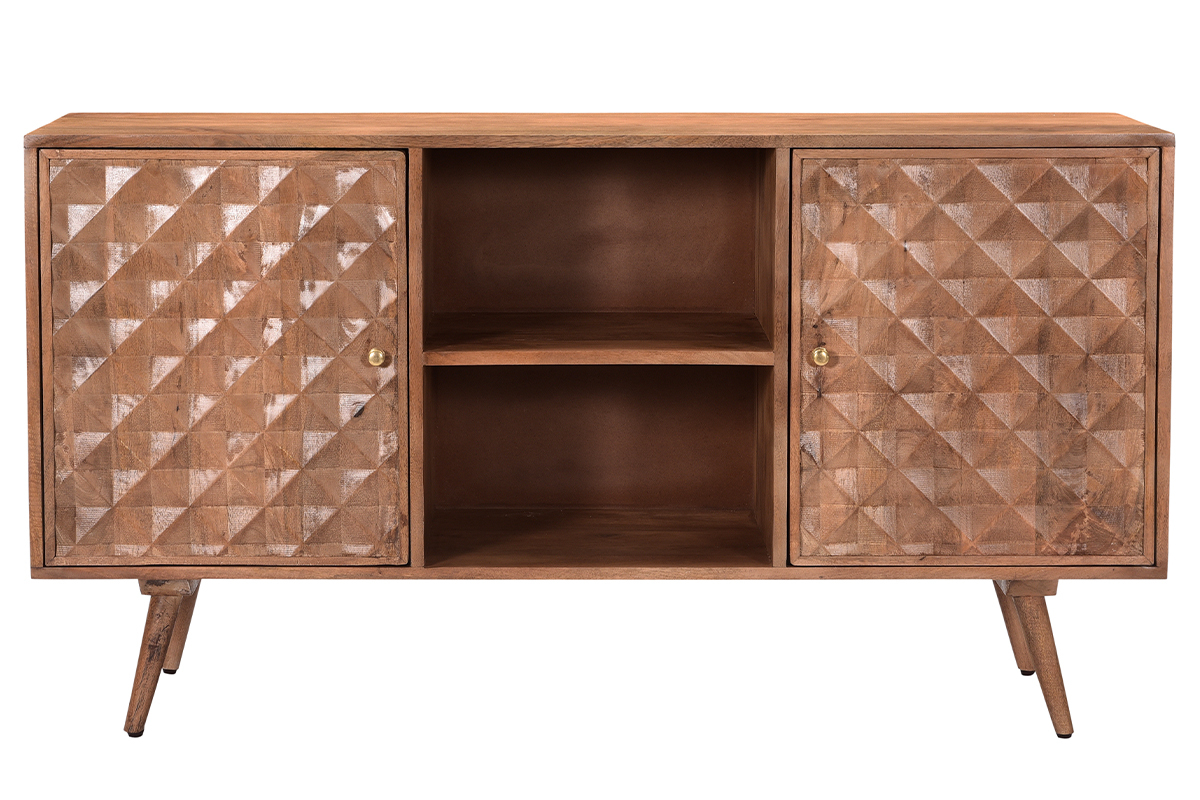 Aparador vintage en madera de mango maciza con puertas talladas diamantadas 140 cm HIRA