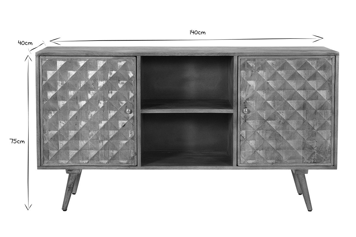 Aparador vintage en madera de mango maciza con puertas talladas diamantadas 140 cm HIRA
