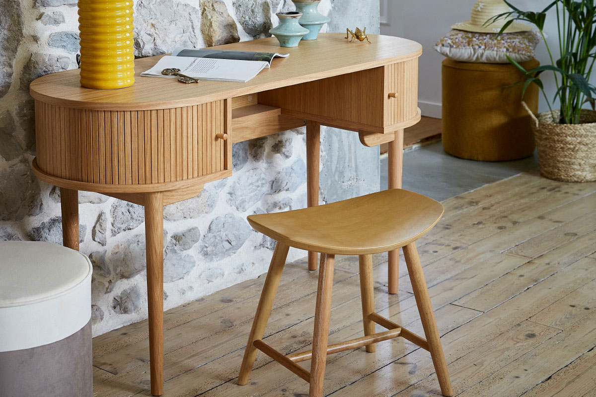 Taburete de cocina de diseño regulable negro con madera oscura BASILE -  Miliboo