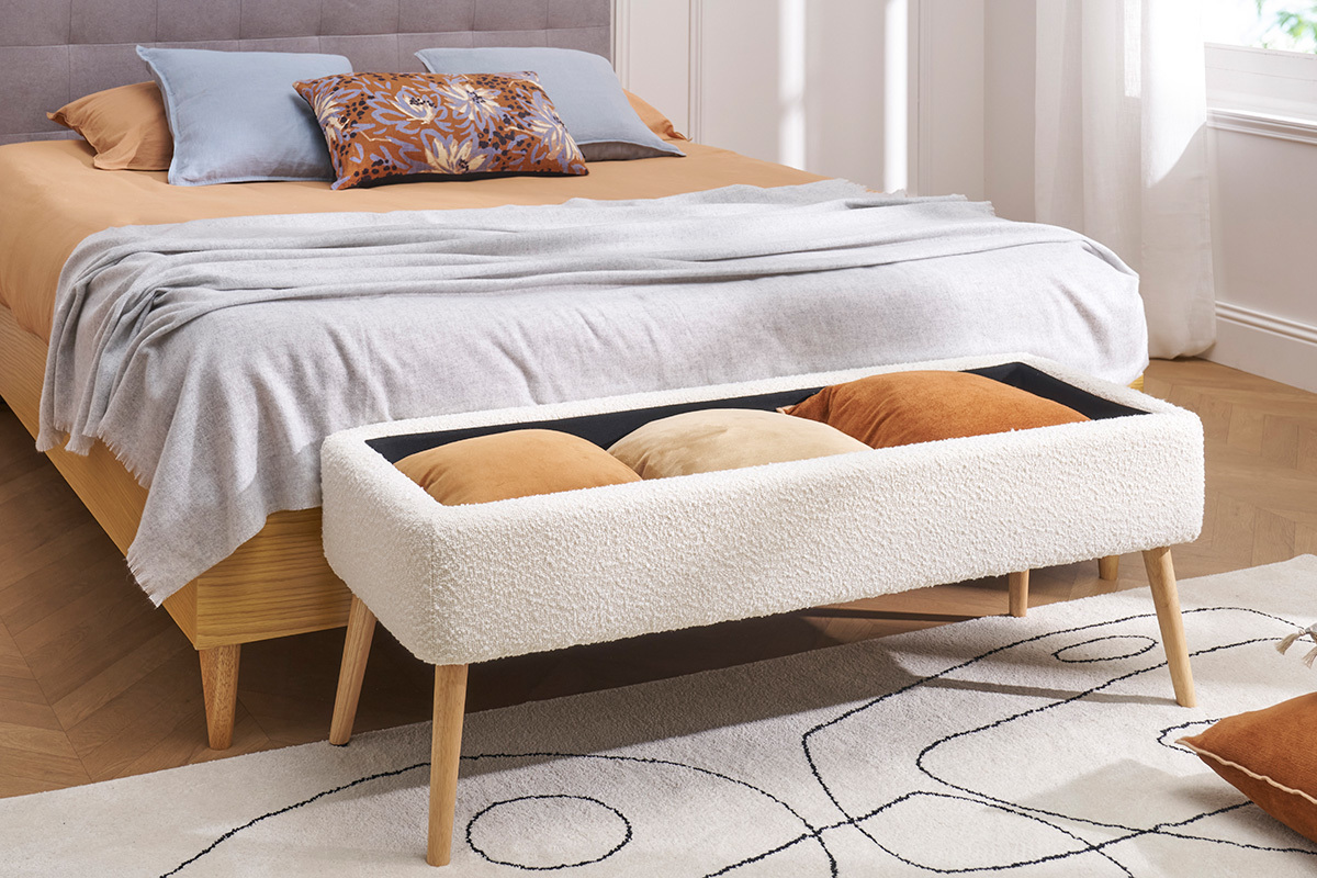 Banco bal de tela de terciopelo texturizado terracota y madera clara maciza L120 cm LARS