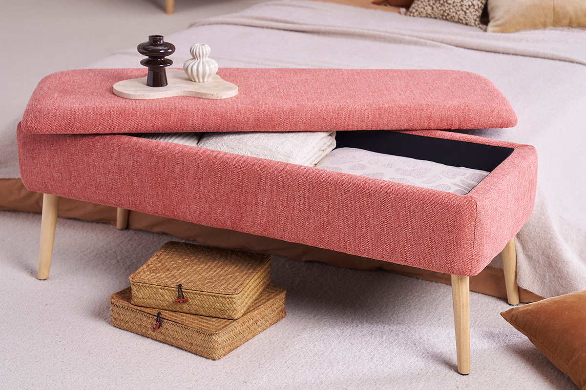 Banco bal de tela de terciopelo texturizado terracota y madera clara maciza L120 cm LARS