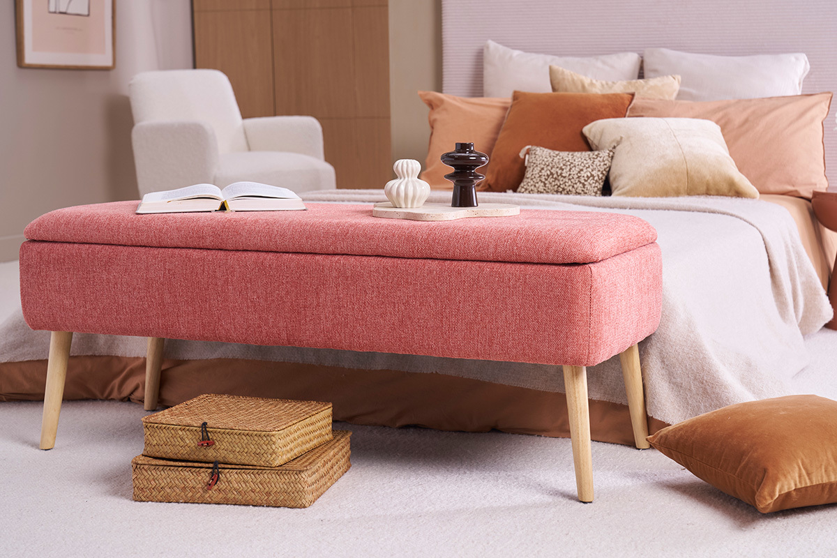 Banco bal de tela de terciopelo texturizado terracota y madera clara maciza L120 cm LARS