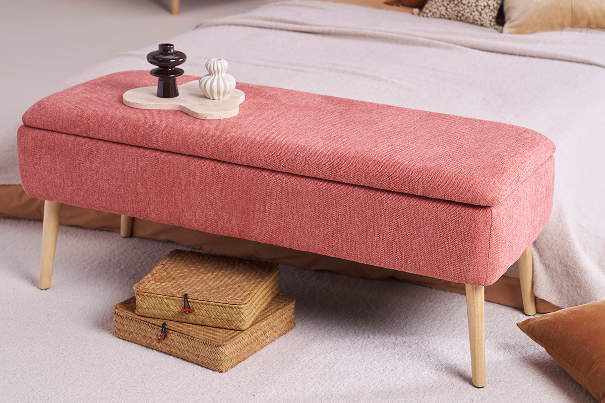 Banco bal de tela de terciopelo texturizado terracota y madera clara maciza L120 cm LARS