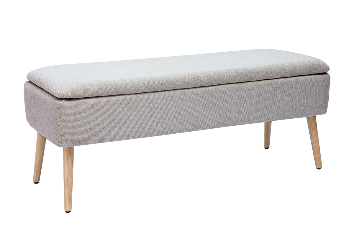 Banco bal de tela efecto terciopelo beige y madera clara maciza L120 cm LARS