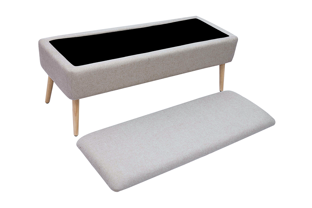 Banco bal de tela efecto terciopelo beige y madera clara maciza L120 cm LARS
