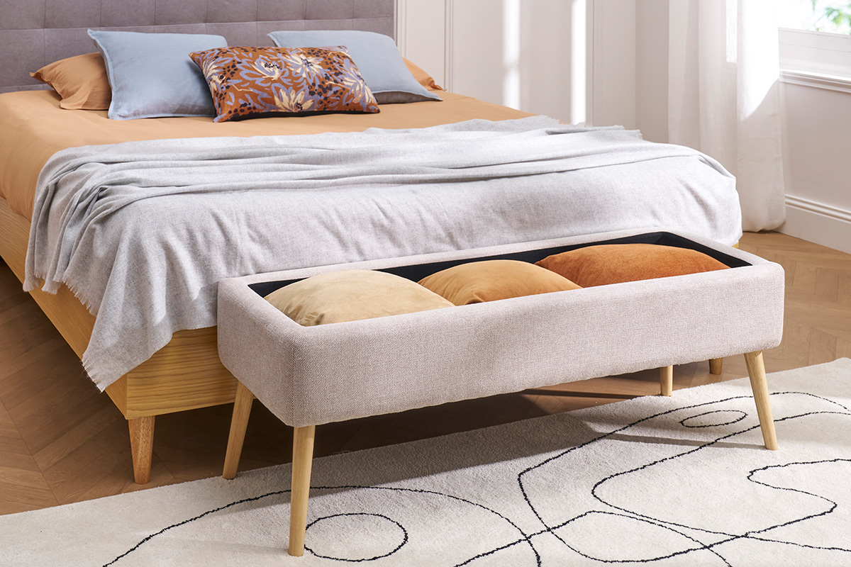 Banco bal de tela efecto terciopelo beige y madera clara maciza L120 cm LARS