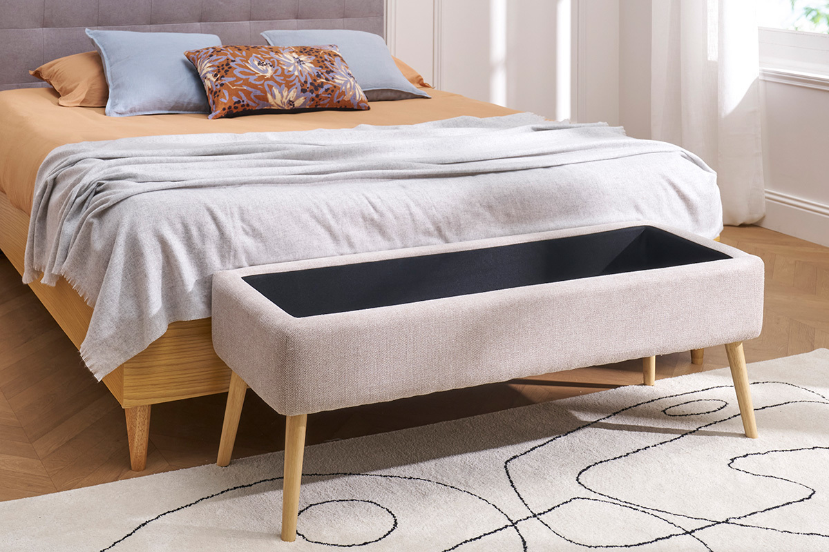 Banco bal de tela efecto terciopelo beige y madera clara maciza L120 cm LARS