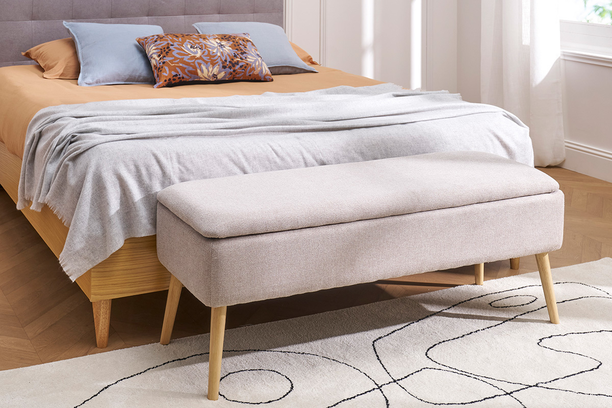 Banco bal de tela efecto terciopelo beige y madera clara maciza L120 cm LARS
