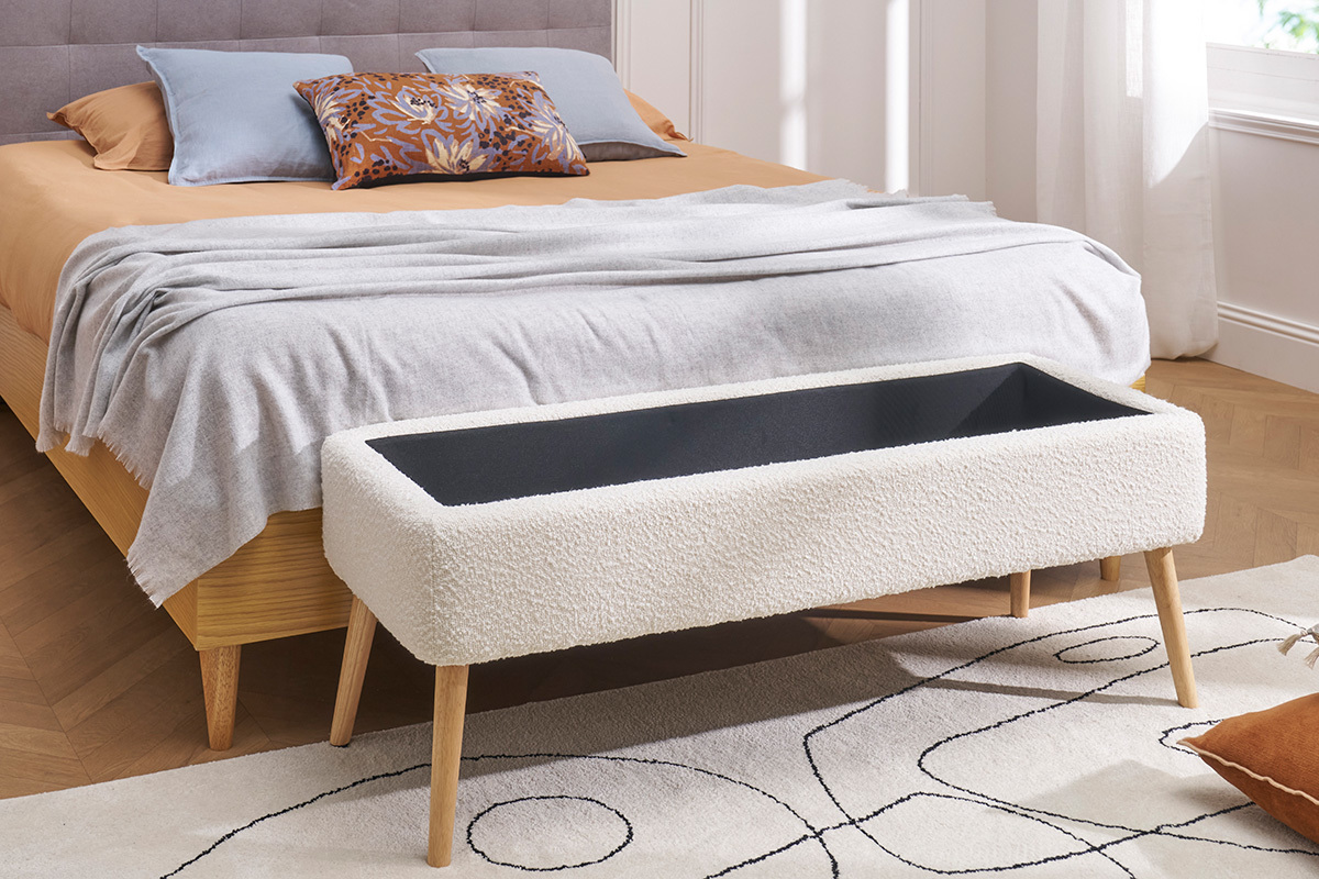 Banco bal efecto lana frisada blanco y madera clara maciza L120 cm LARS