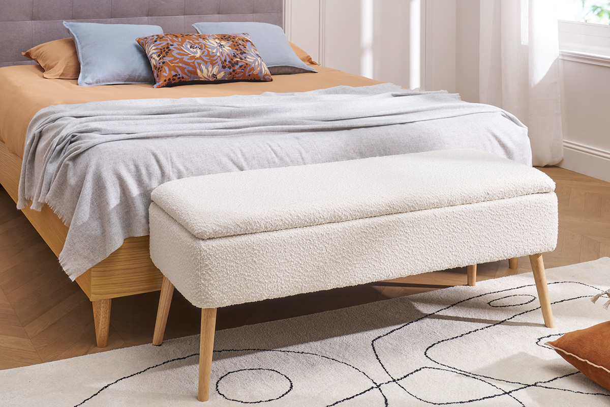 Banco bal efecto lana frisada blanco y madera clara maciza L120 cm LARS