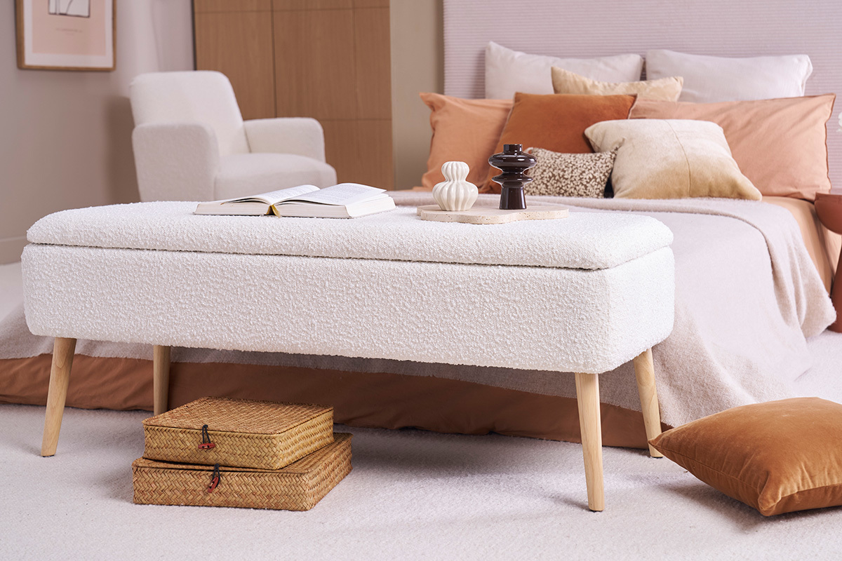 Banco bal efecto lana frisada blanco y madera clara maciza L120 cm LARS