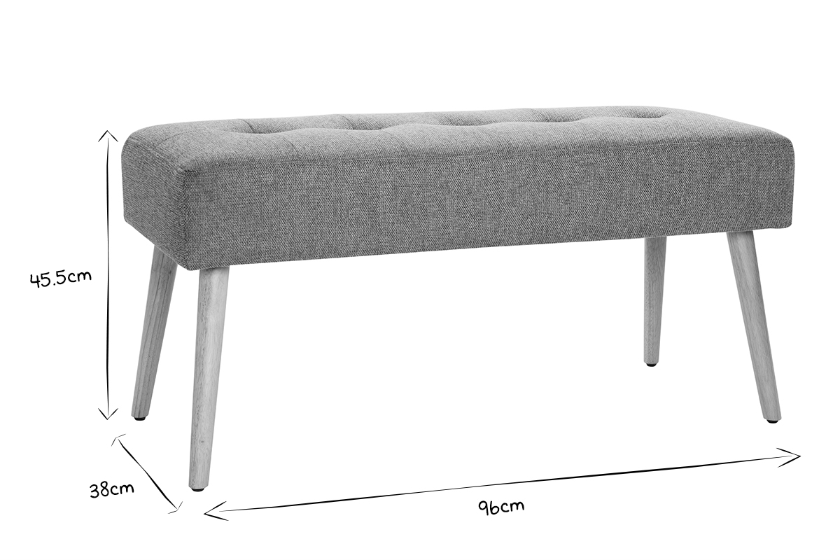Banco capiton de tela efecto aterciopelado texturizado gris claro y madera clara 95 cm GUESTA
