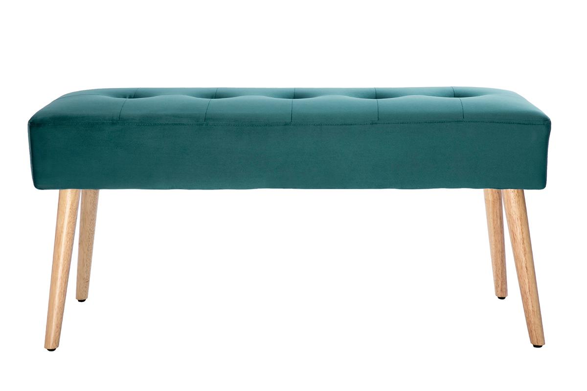 Banco capiton de terciopelo azul petrleo y de madera clara 95 cm GUESTA