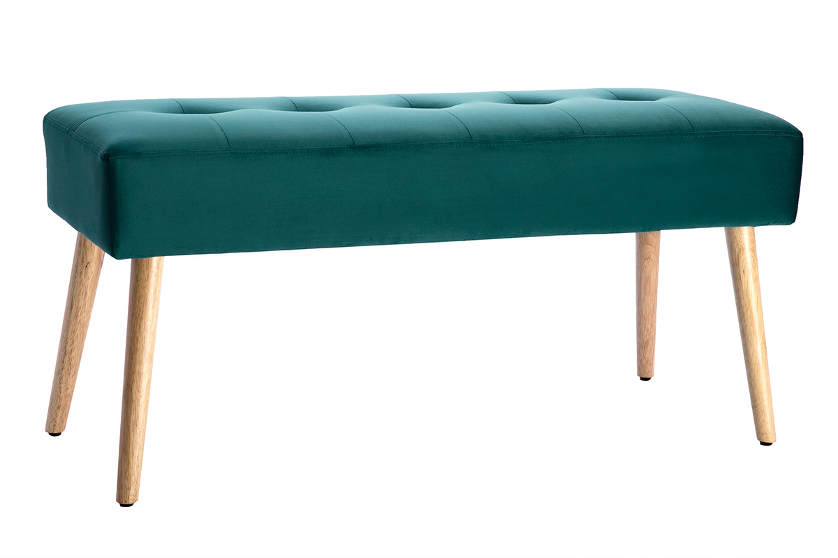 Banco capiton de terciopelo azul petrleo y de madera clara 95 cm GUESTA