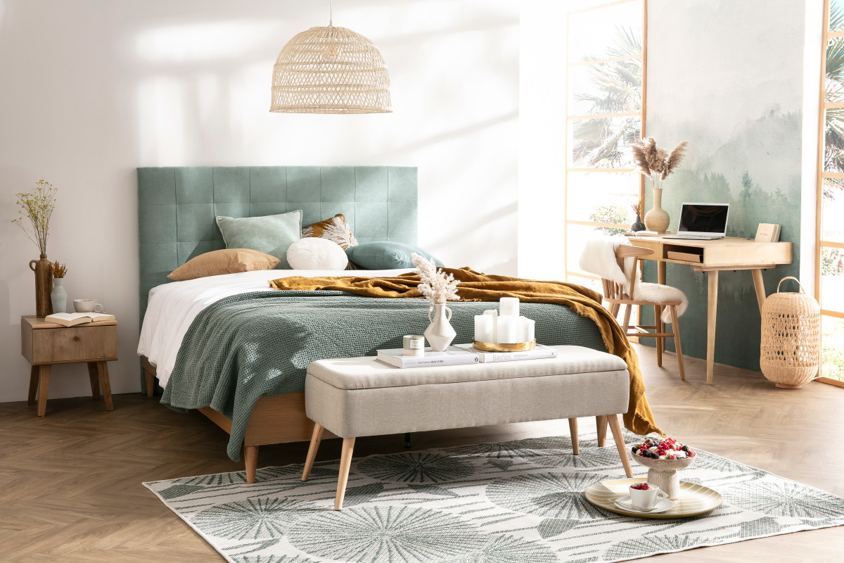 Banco cofre en tejido beige y madera clara LARS