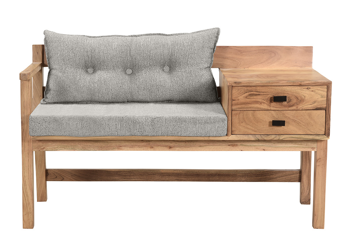 Banco de entrada con almacenaje de madera maciza y tela gris 115 cm MENDOZA