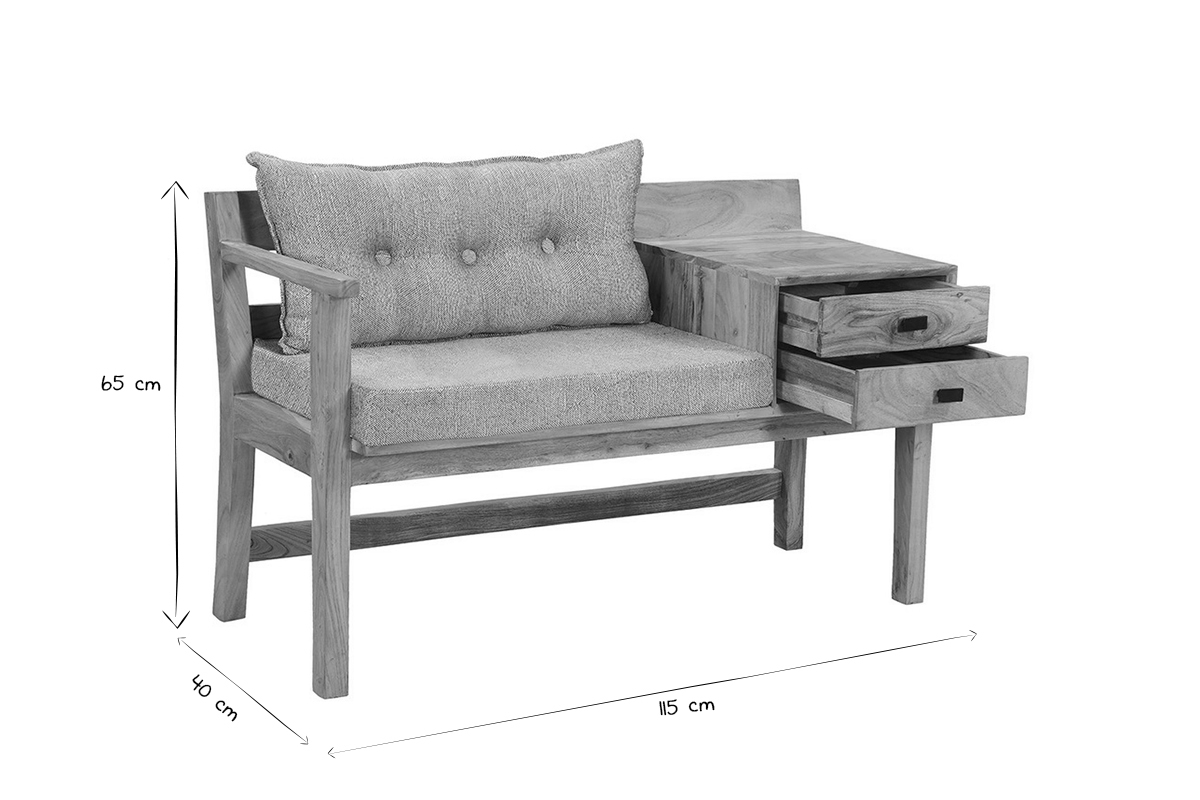 Banco de entrada con almacenaje de madera maciza y tela gris 115 cm MENDOZA