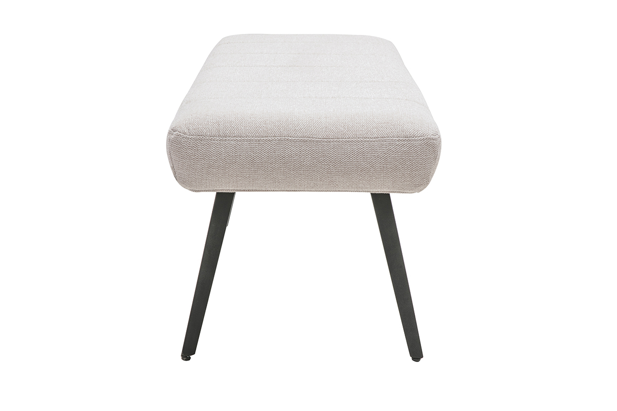 Banco de tela con efecto terciopelo texturizado beige con patas de metal negro, vista lateral.