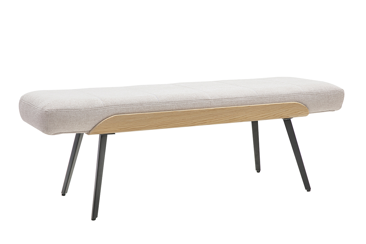 Banco de tela beige efecto terciopelo sobre patas de metal negro y madera clara, vista de 3/4