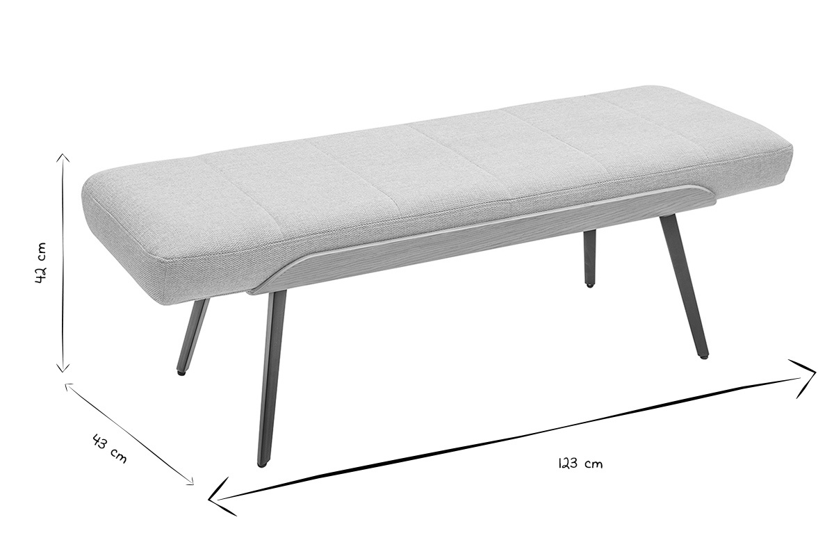 Banco de tela beige con dimensiones: L123 cm, H42 cm, P43 cm en blanco y negro.