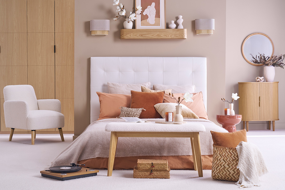 Banco escandinavo en tela de terciopelo texturizado beige y madera clara L92 cm ELION