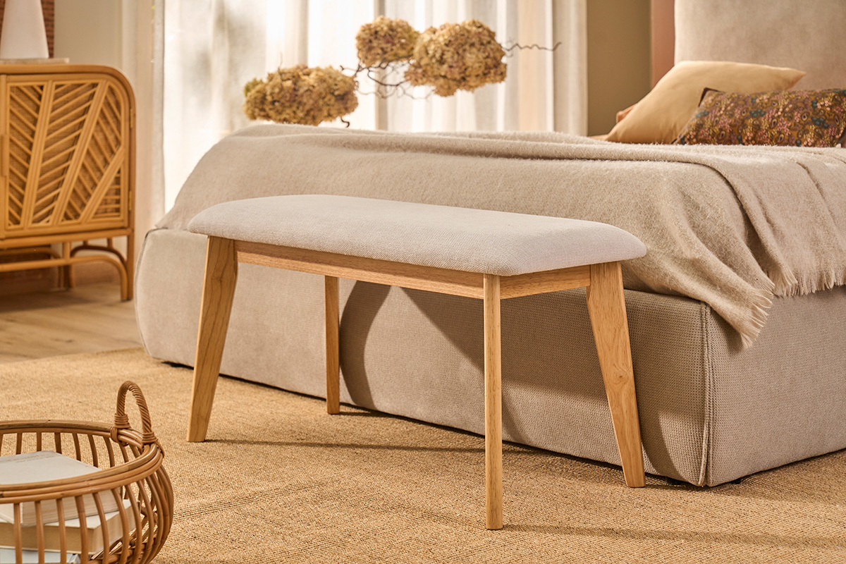 Banco escandinavo en tela de terciopelo texturizado beige y madera clara L92 cm ELION