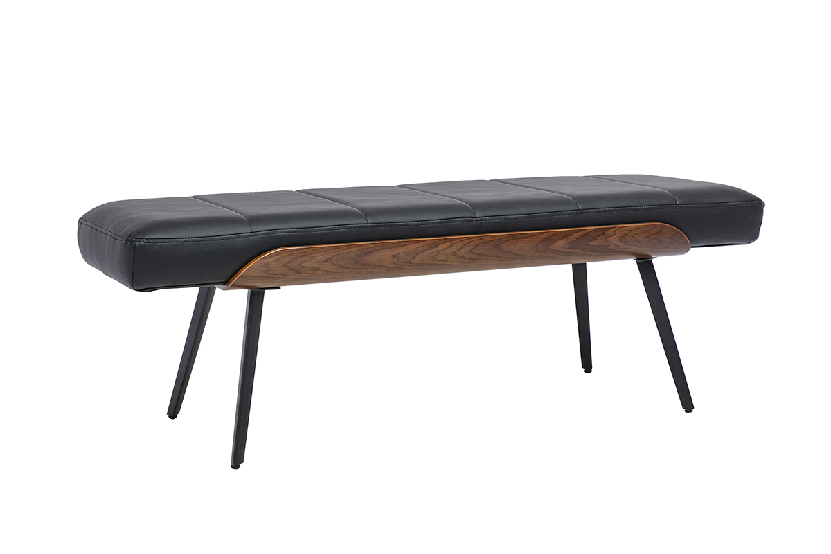 Banco negro de madera oscura y metal negro, vista de 3/4, dise�o elegante y moderno.