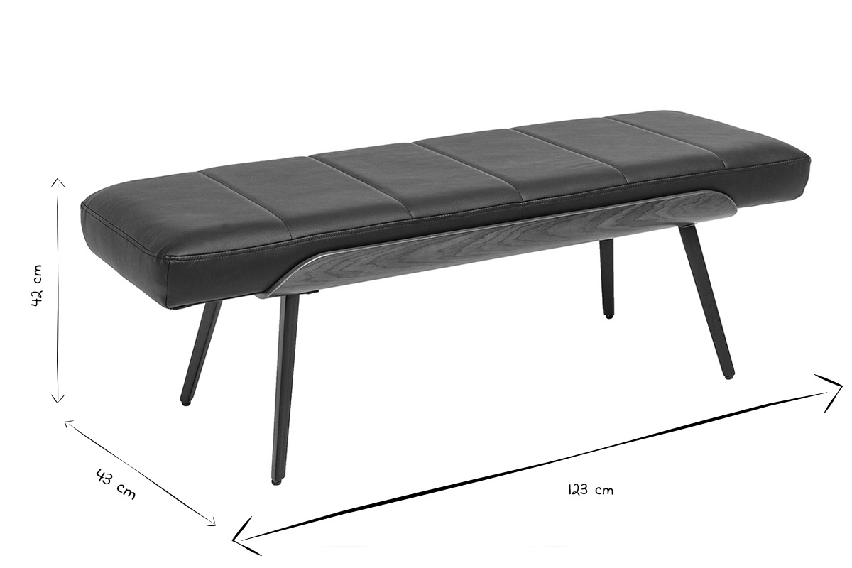 Banco negro ELIOR con dimensiones indicadas: L123 cm, E43 cm, H42 cm en negro y blanco.