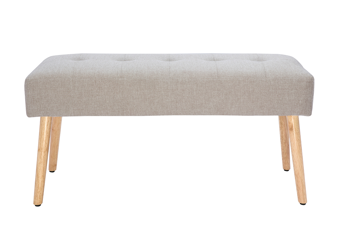 Banco nrdico capiton de tela efecto aterciopelado texturizado beige y madera clara 96 cm GUESTA