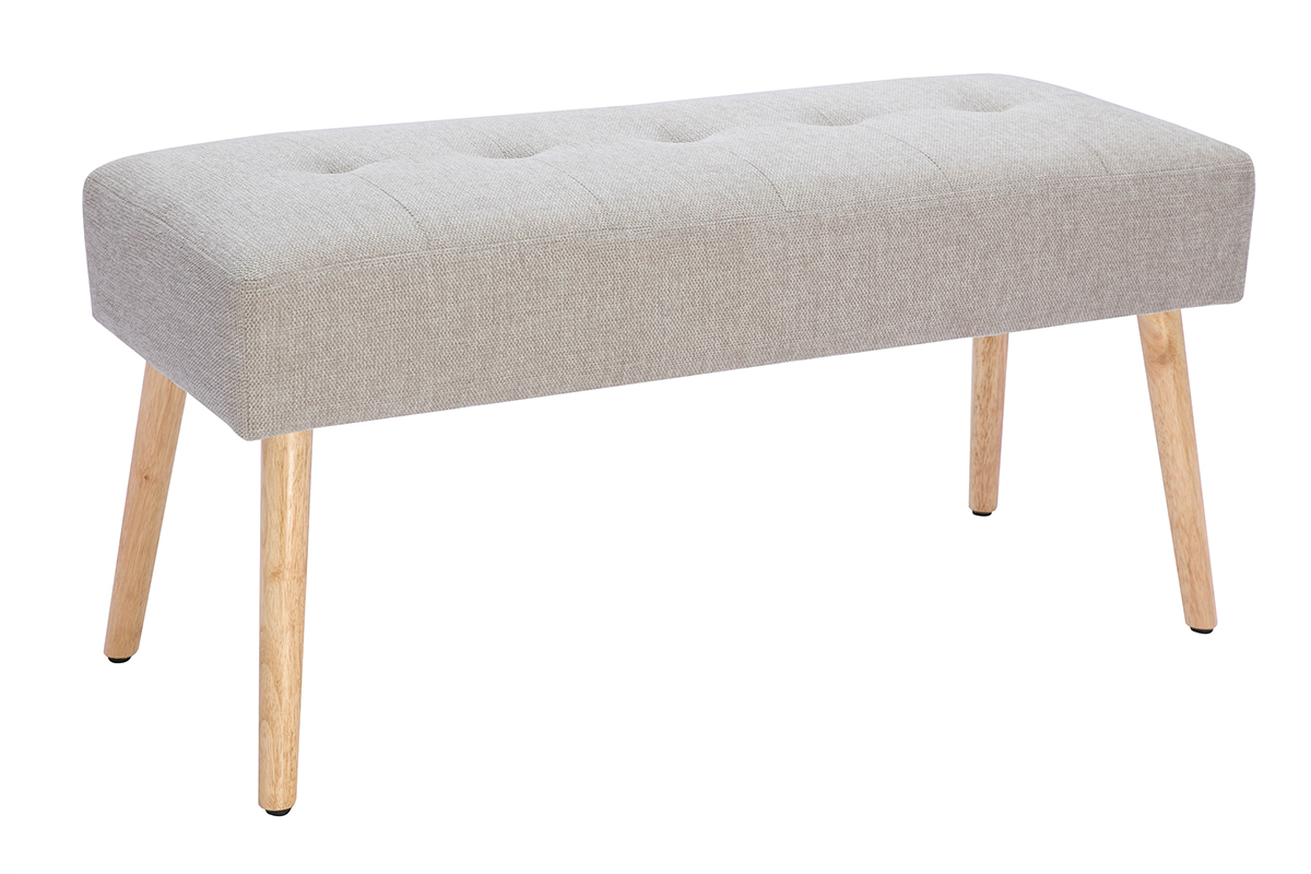 Banco nrdico capiton de tela efecto aterciopelado texturizado beige y madera clara 96 cm GUESTA