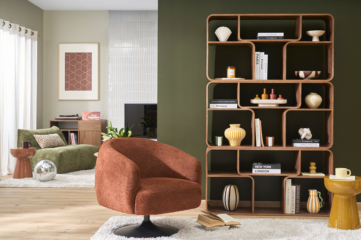 Biblioteca abierta con m�ltiples compartimentos en madera oscura nogal L120 cm WARHOL