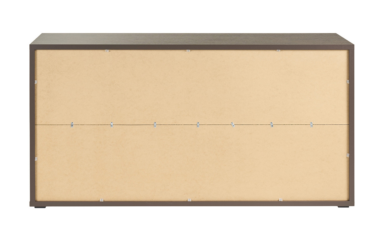 Trasera de la librer�a baja EPURE en madera oscura de nogal, vista desde atr�s.