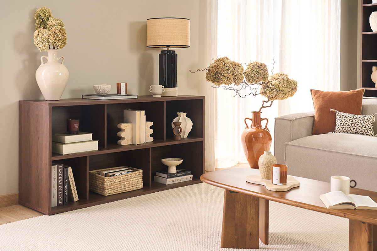 Biblioteca baja acabado en madera oscura nogal L140 cm EPURE