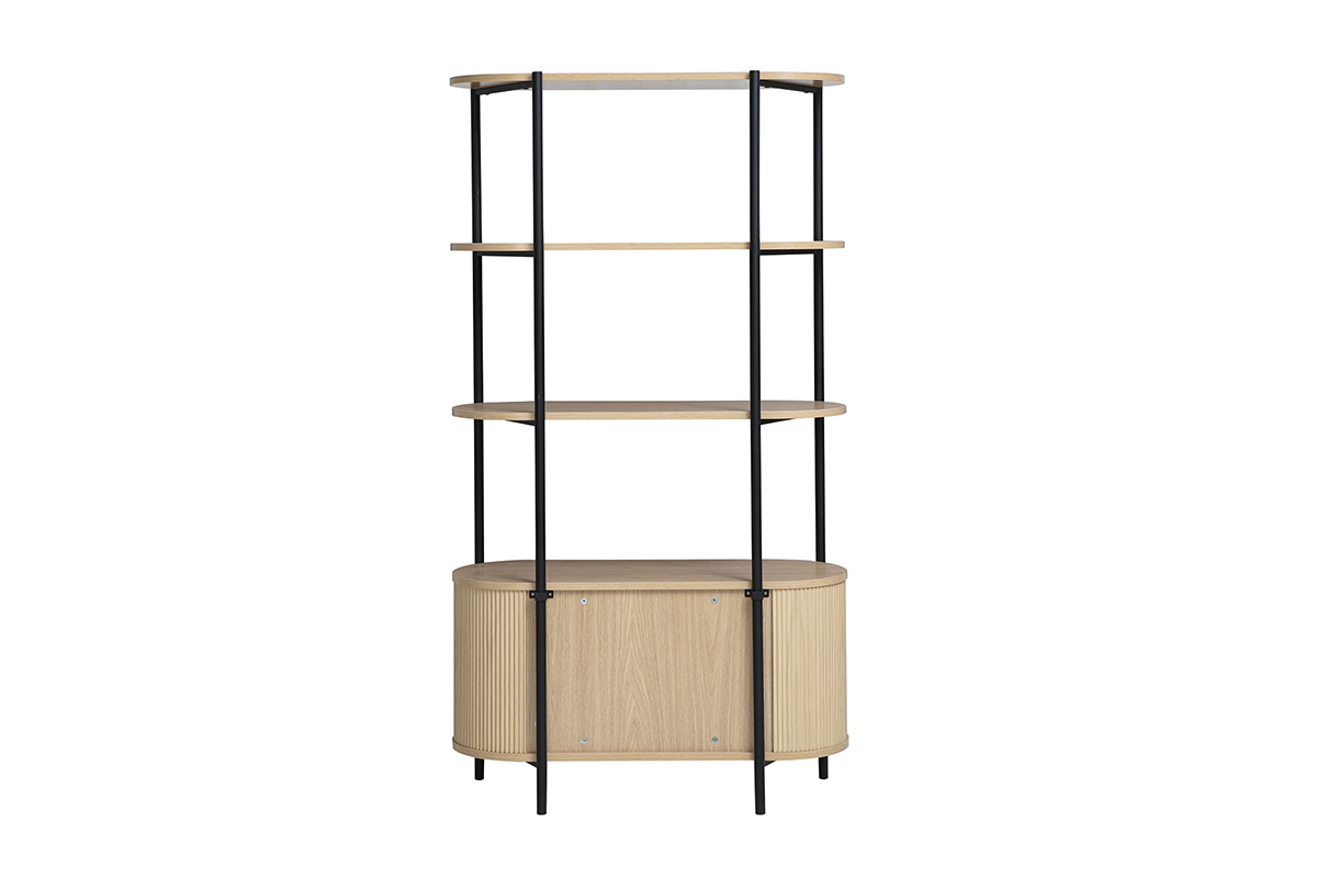 Librer�a ZORA en madera clara y metal negro, vista trasera, con tres estantes abiertos y caj�n redondeado