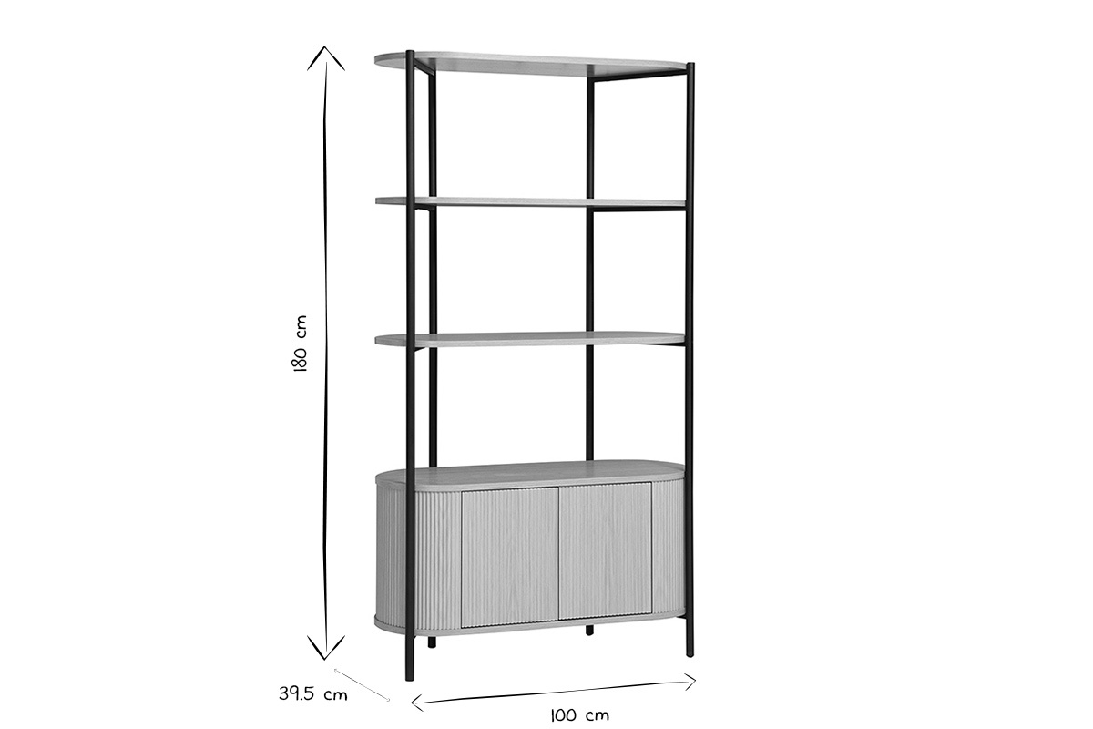 Dimensiones de la estanter�a ZORA: 180 cm de altura, 100 cm de anchura, 39,5 cm de profundidad en negro y blanco.