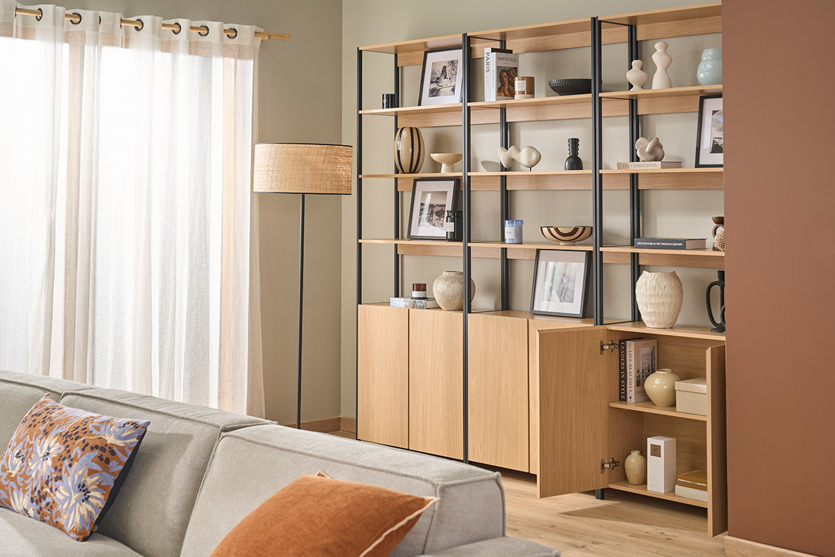 Biblioteca con almacenamiento acabado madera clara roble y metal negro L80 cm MAXENCE