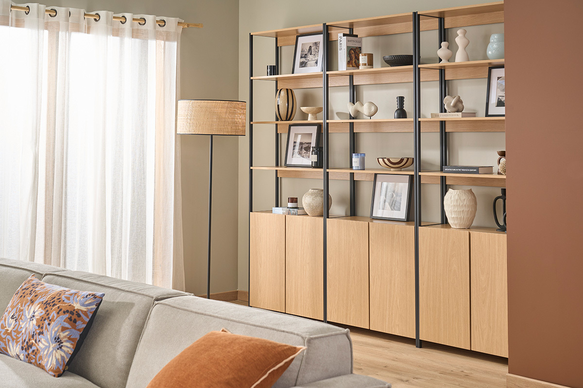 Biblioteca con almacenamiento acabado madera clara roble y metal negro L80 cm MAXENCE