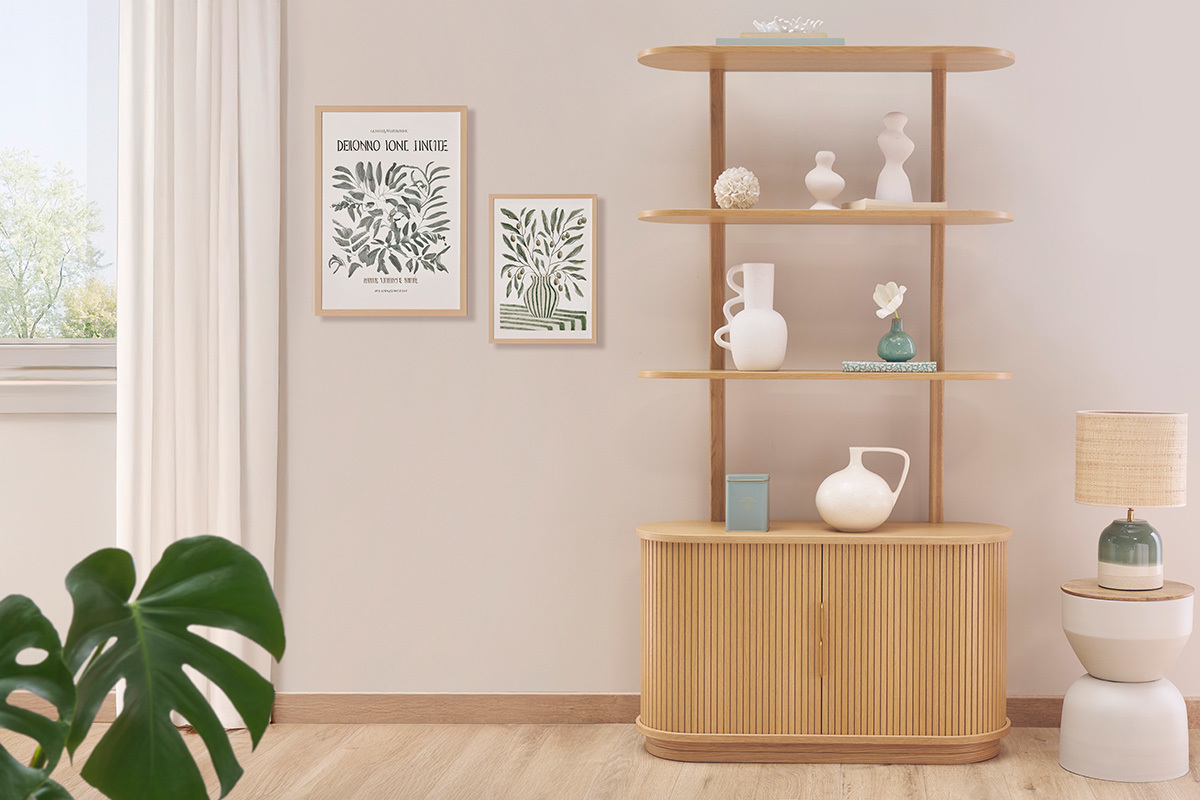 Biblioteca de madera clara de roble con almacenamiento de 2 puertas correderas L90 cm EPIC